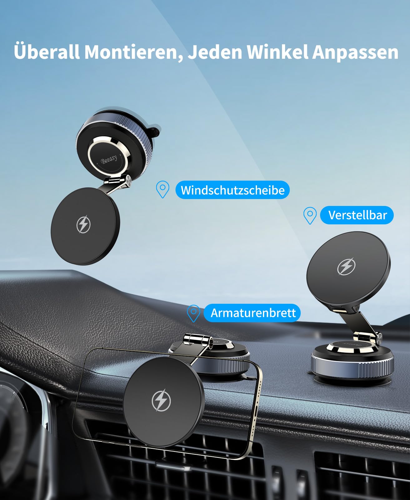 Beeasy für MagSafe Autohalterung 15W Handyhalterung Auto mit Ladefunktion, Magsafe Ladegerät Kfz Magnet Wireless Car Charger mit Vakuum Saugnapf für iPhone 17 16 15 14 13 12 Pro Max
