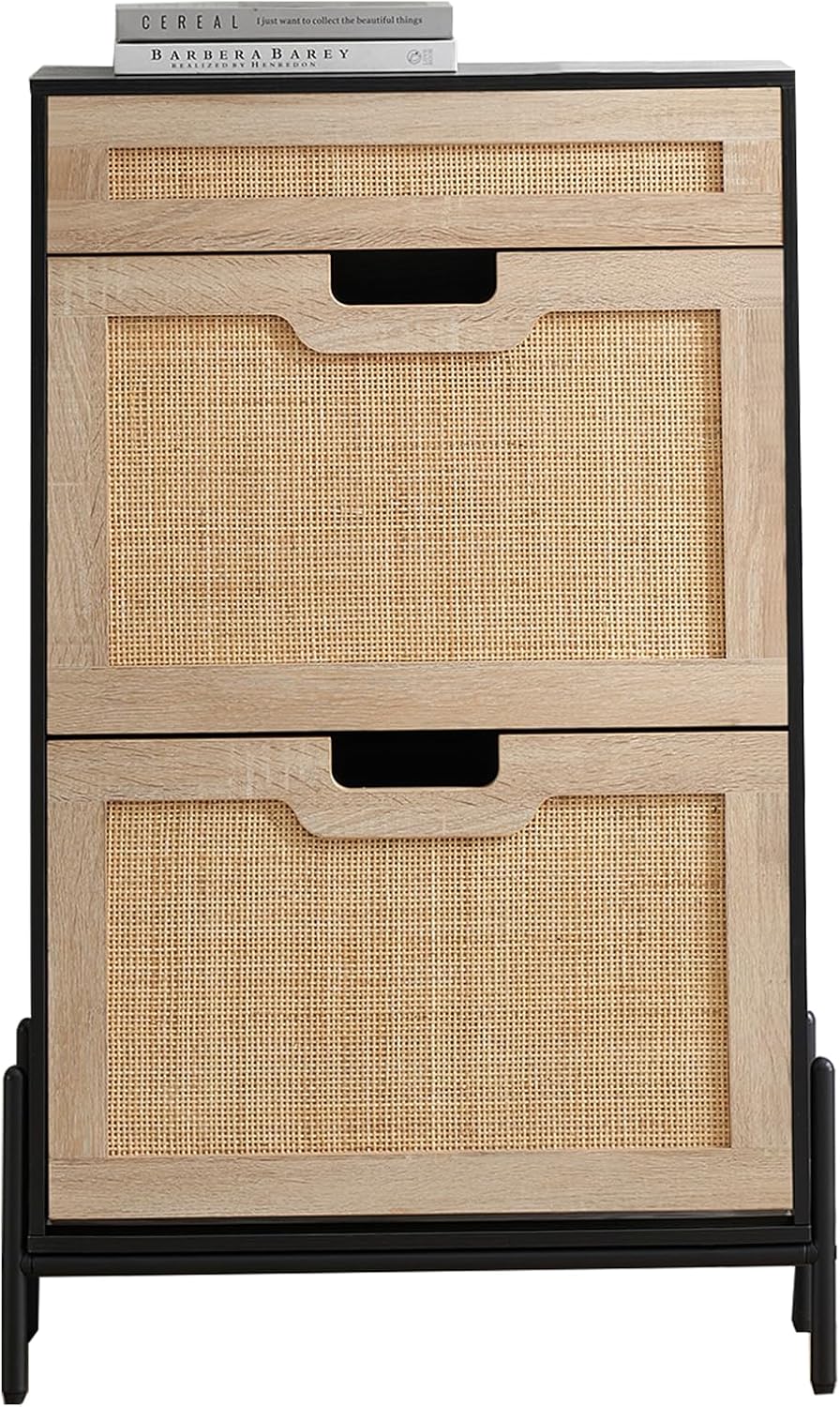 Shoe Storage Cabinet with 2 Flip Doors and Drawers, Natural Rattan Shoe Organizer with Metal Legs and Adjustable Shelf, Freestanding Shoe Rack Cabinet for Entryway
