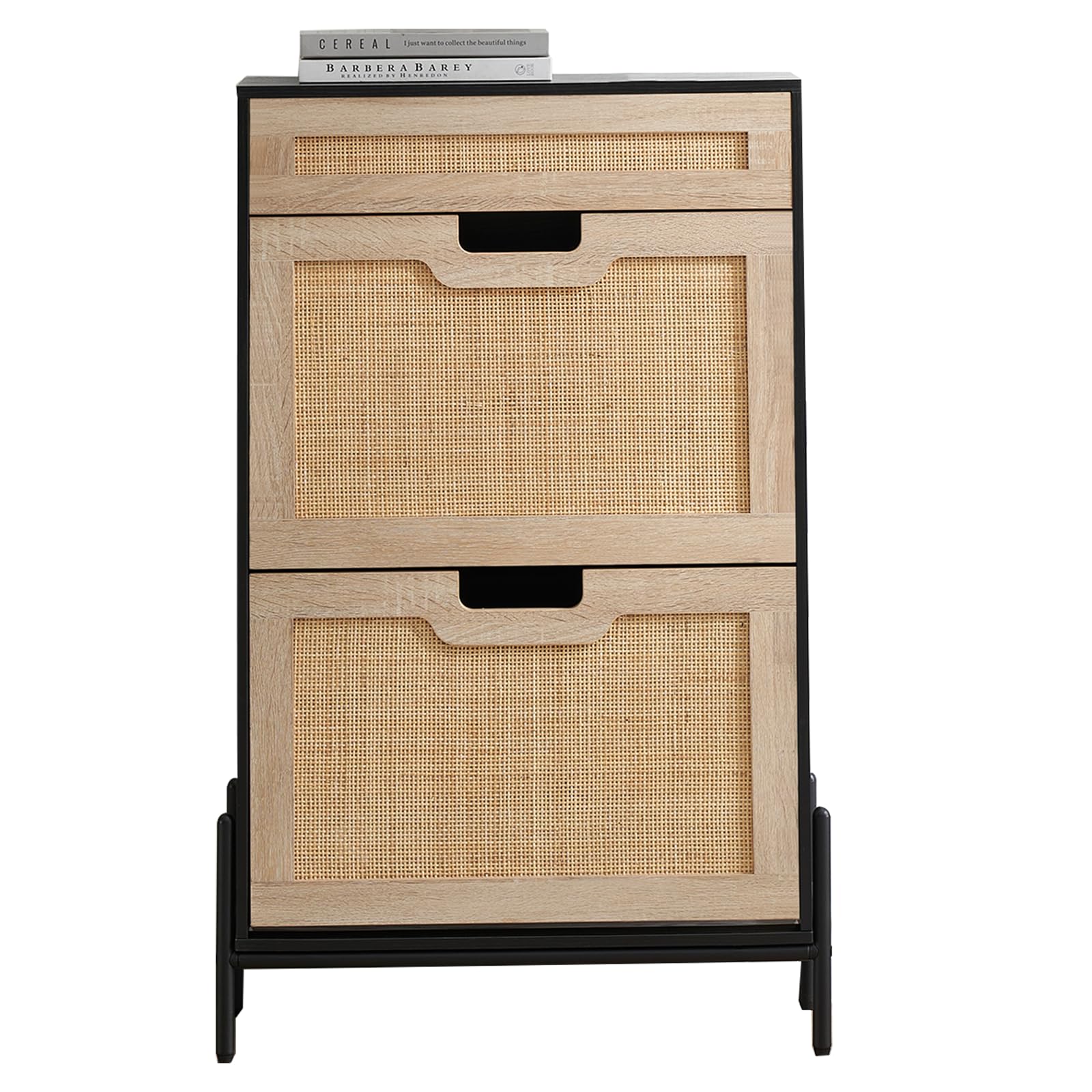 Shoe Storage Cabinet with 2 Flip Doors and Drawers, Natural Rattan Shoe Organizer with Metal Legs and Adjustable Shelf, Freestanding Shoe Rack Cabinet