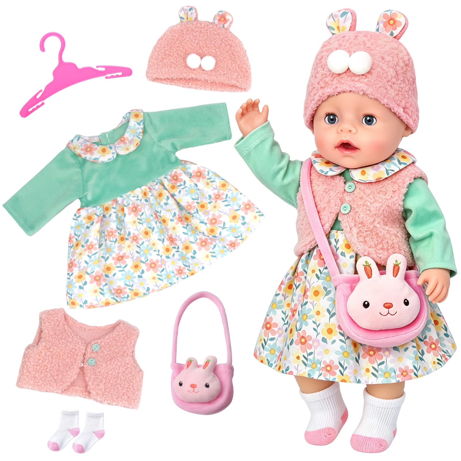 6 Pcs Baby Doll Clothes for 14-17 Inch Baby Dolls, Floral Dress Doll Outfit with Knitted Cardigan Hat Crossbody Bag Socks Hanger for 35-43 cm New Dolls, Sweet Doll Accessories Girls Birthday Gift