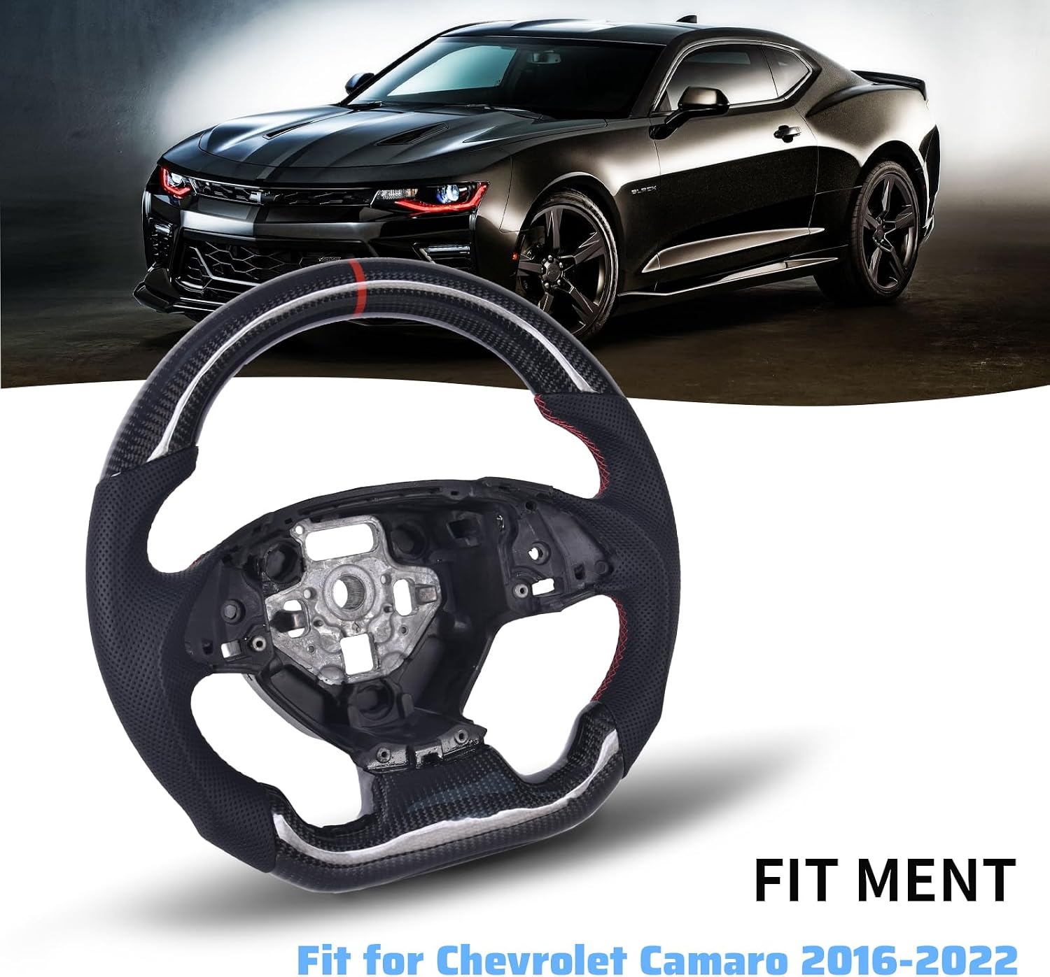 Carbon Fiber Steering Wheel for Chevrolet Camaro 2016-2022, D-shaped Flat-bottom Perforated Leather Grip