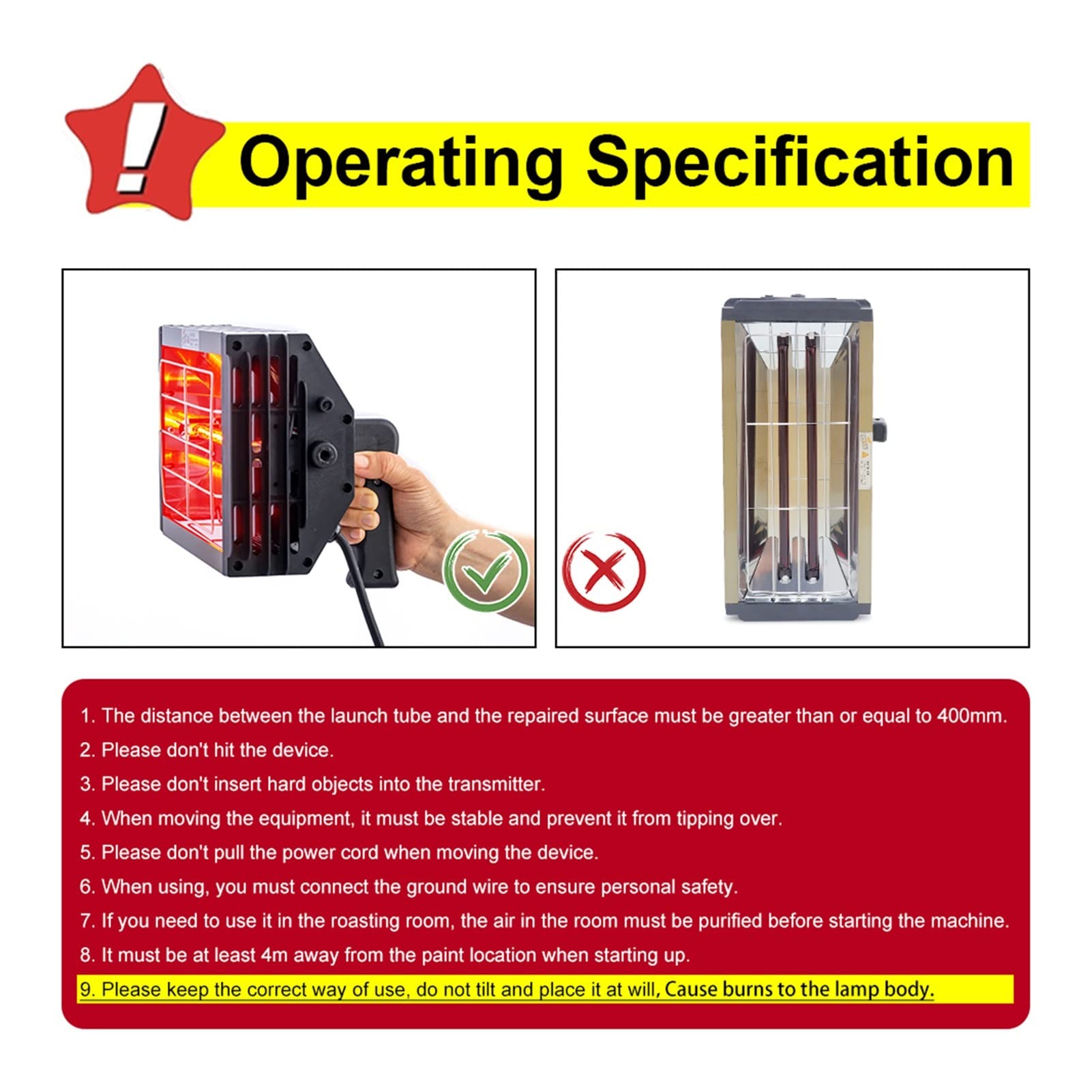 2000W Infrared Paint Curing Lamp (2 Lamps) - Heat Lamp For Auto Body, Furniture Paint Drying, Putty, 110V
