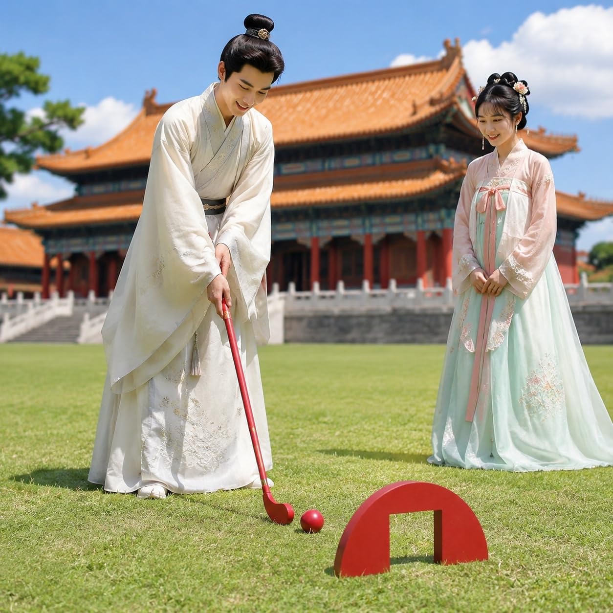 Krocket Spiel Garten, Krocket Set für Erwachsene & Familie, Outdoor Spiel mit Metallschlägern, für Firmenfeier & Teamevent, Erwachsenen-Set (Schläger + 1