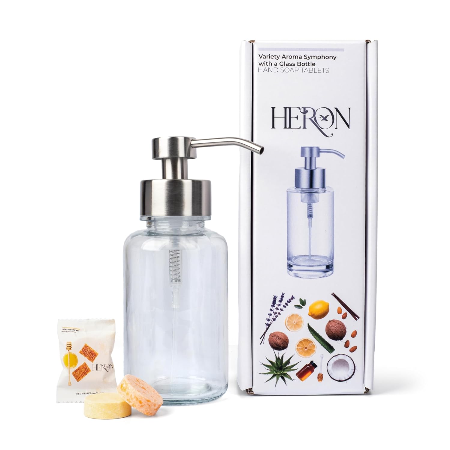 Heron Hand Soap Tablets Refill Kit with Glass Bottle, 8 Tablets, 12g Each, Variety Scents, 15oz Reusable Container, Almond and Milk, Aloe Vera, Rose, Vanilla, Lemon, Coconut, Honey, and Lavendar