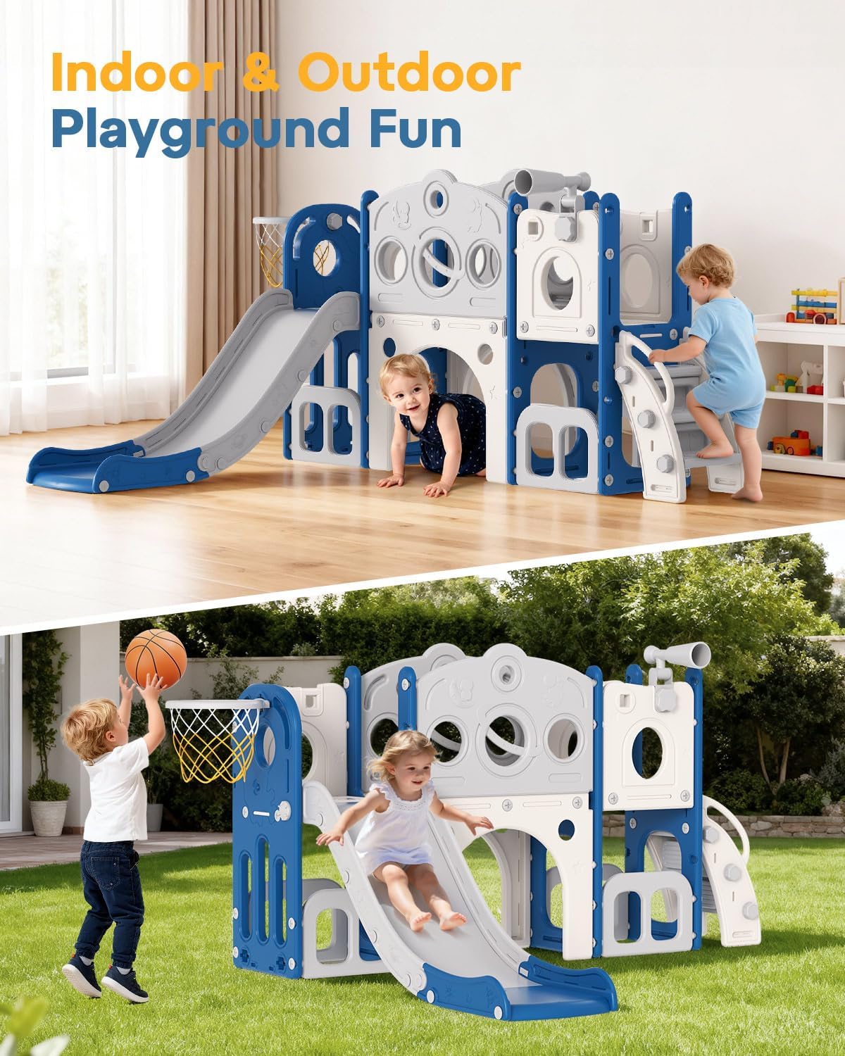 Babytronic Toddler Slide Set, 8 in 1 Kids Slide, Indoor Outdoor Slide for Toddlers Age 1-3, Toddler Playset with Basketball Hoop and Tunnel, Toddler Indoor Outdoor Playground, Blue&Grey