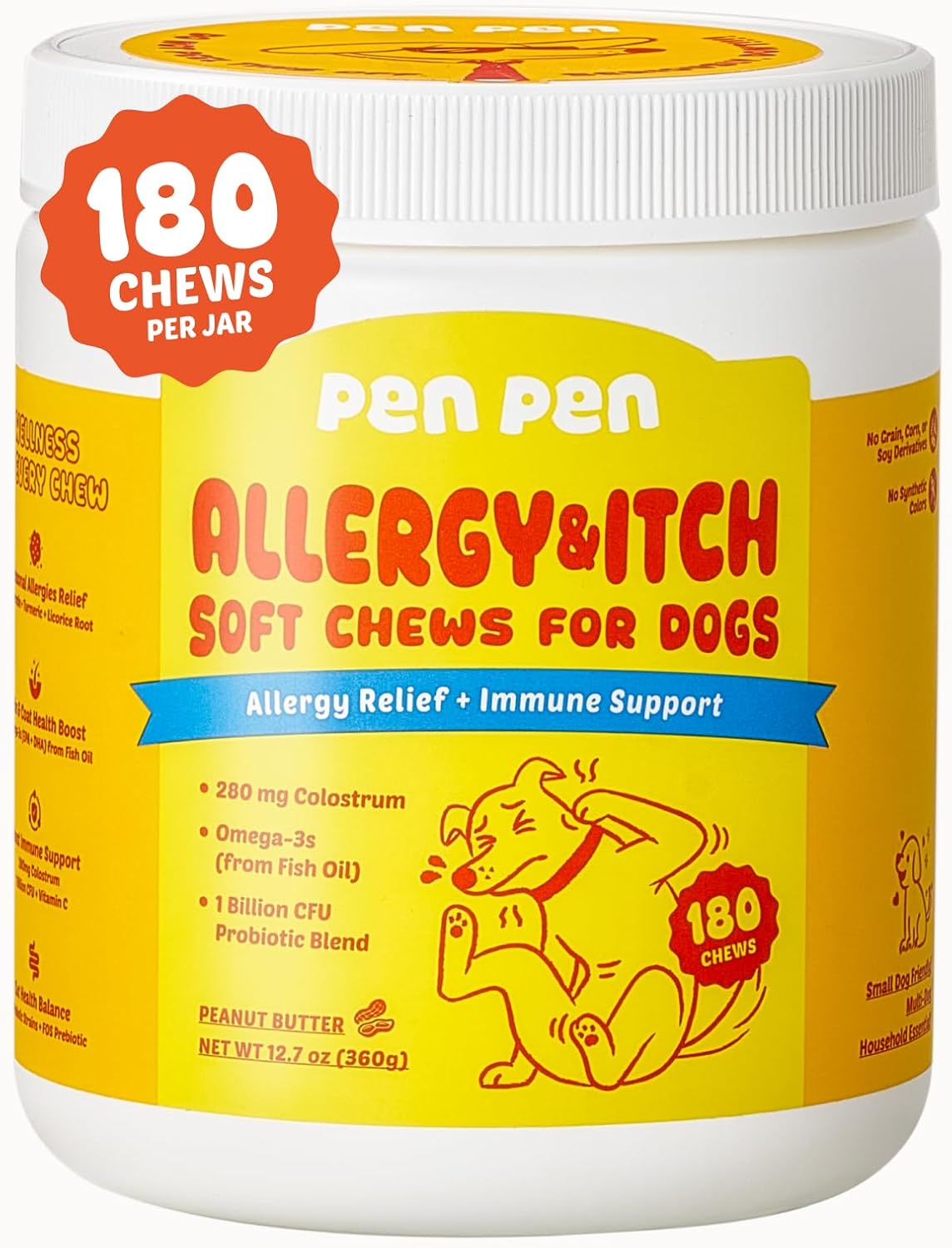 PENPEN Dog Allergy Chews – Anti-Itch & Itchy Skin Support for Dogs, Probiotics & Omega 3 (Fish Oil) for Immune & Gut Health – Peanut Butter Flavor – 180 Soft Chews