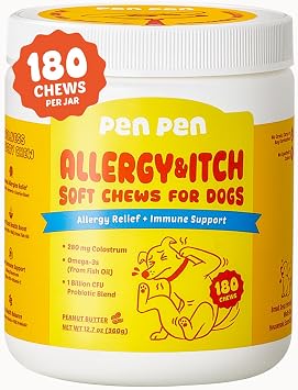 PENPEN Dog Allergy Chews - Anti-Itch & Itchy Skin Support for Dogs, Probiotics & Omega 3 Fish Oil for Immune & Gut Health - Peanut Butter Flavor - 180 Soft Chews