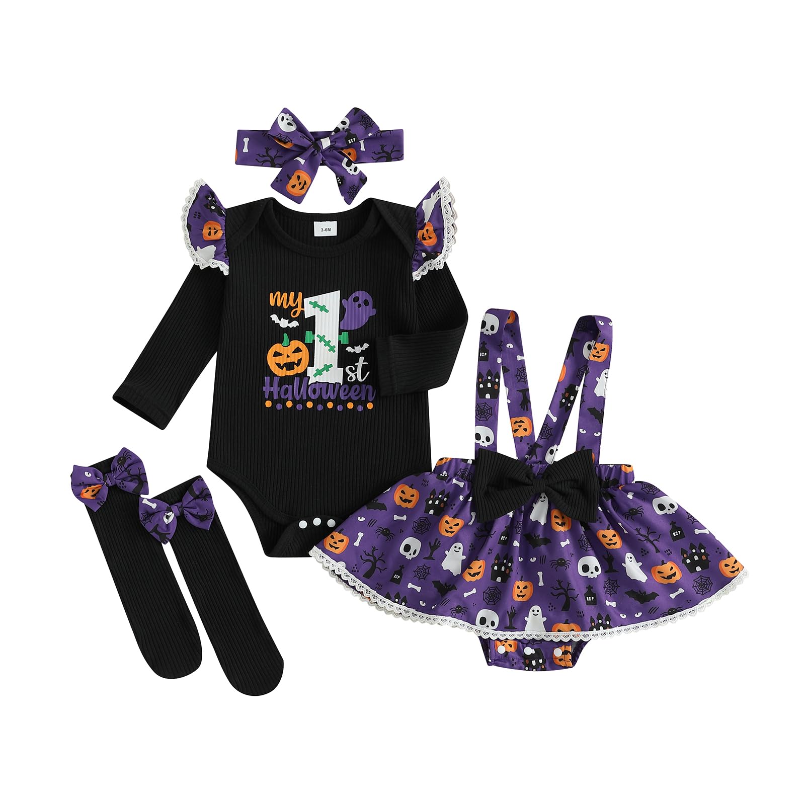 GINEVSAL My 1st Halloween Baby Girl Outfits Letter Ghost Pumpkin Print Romper Suspender Skirts Headband Socks 4Pcs Set (Black, 6-12 Months)