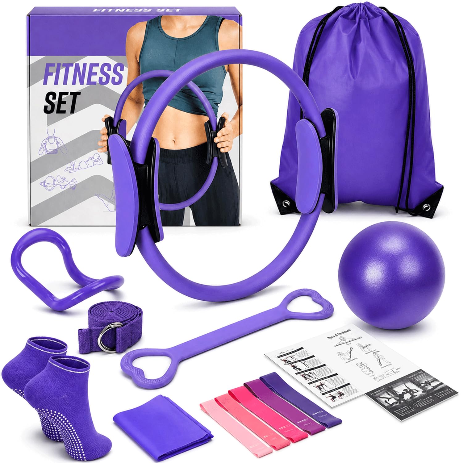 Pilates Ring and Ball Set 13 Pcs, Pilates Kit with 14" Ring, 10" Pilates Ball & Resistance Bands, Home Workout Set, Pilates Equipment for Women, Toning, Strength, Flexibility & Home Gym Training