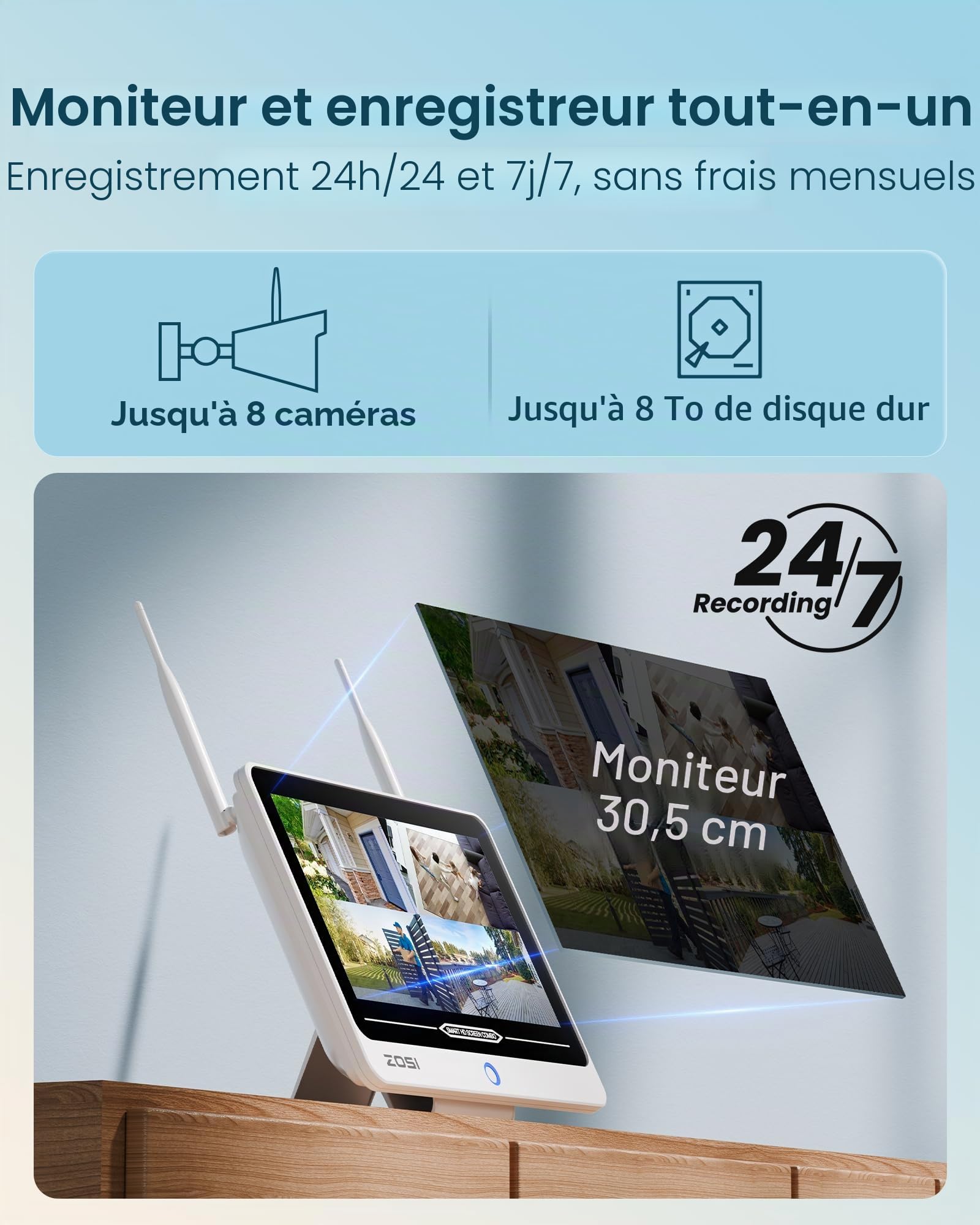 ZOSI 2K Kit Caméra Surveillance WiFi6 Moniteur 8CH 2TB avec Écran 12"