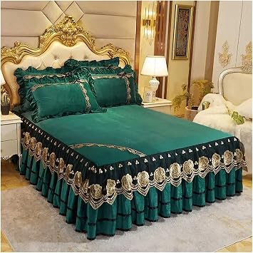 Bedspread On The Bed Wedding Bed Sheet Lace Bed Cover Blanket Fabric King Queen Size Bed Skirt Velvet with Pillowcases for Bedrooms, HotelsGreen,3pcs 160x200cm