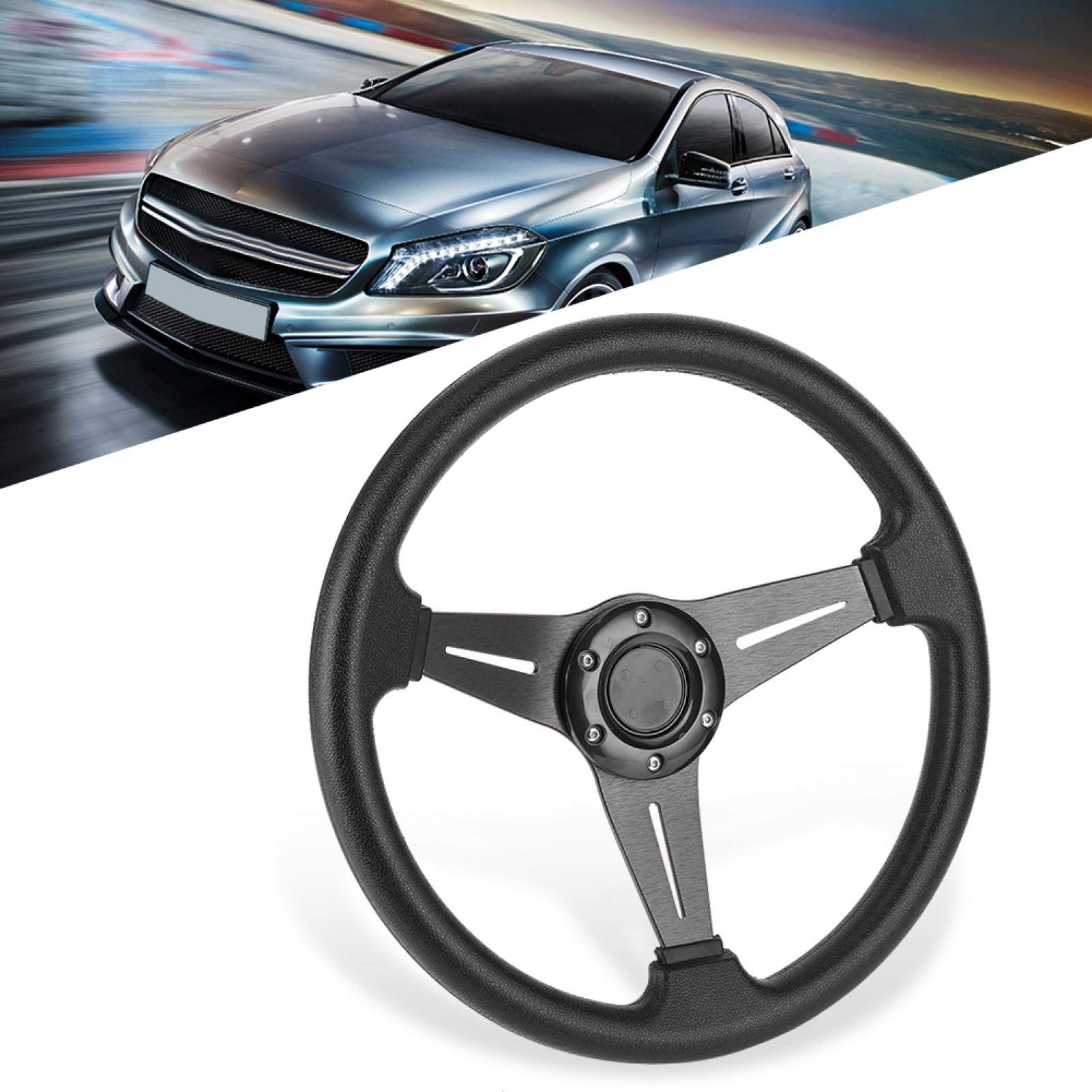 Volante, 350 mm 14 pulgadas Coche de carreras Derrapaje Deportivo Reequipamiento Volante Aleación de aluminio Reemplazo de PU Accesorio universal modificado(negro)