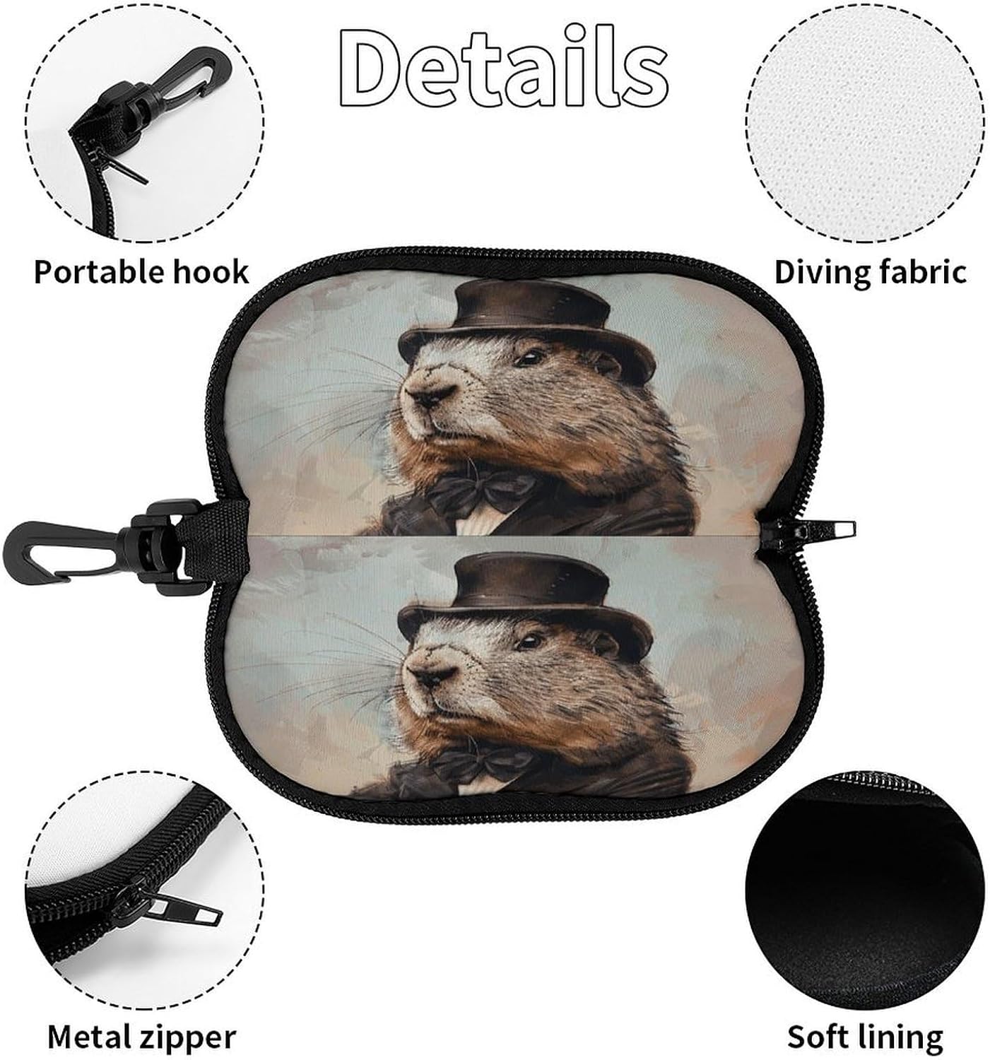 Charming Prairie Dog Sunglasses Case with Hook Waterproof Zip Eyeglass Organizer for Reading Computer Driving Prescription Glasses Sports Goggles Crash Proof Eyewear Protective Sleeve image 3