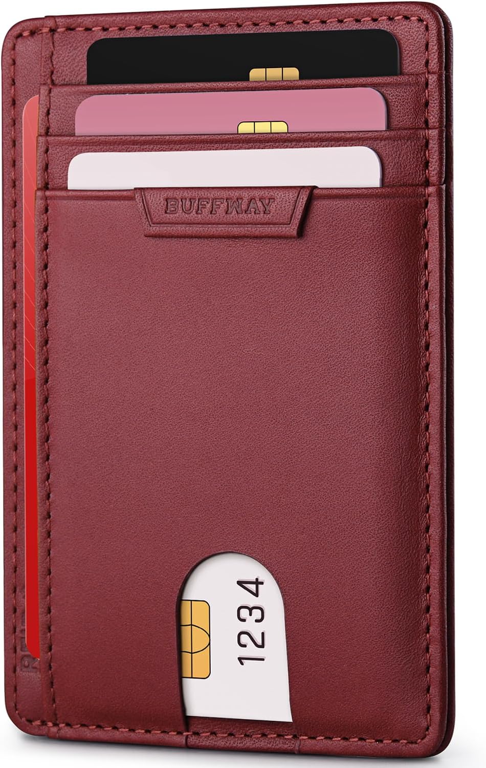 Buffway Slim Wallet for Men or Women Minimalist Small Leather Wallets with RFID Blocking, Bassa Mars Red, One Size, Minimalist