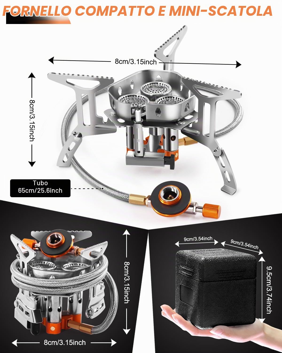 AUTOPkio 6800W Fornello da Campeggio, Portatile Antivento Stufa Campeggio | con 3 Teste di Bruciatore Piezoelettrica, Fornellino a Gas da Campeggio per Outdoor Picnic Trekking