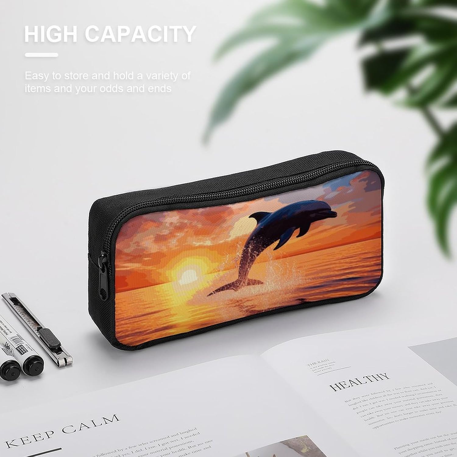 Sunset Dolphin Pencil Case Large Pencil Bag with Zipper image 4