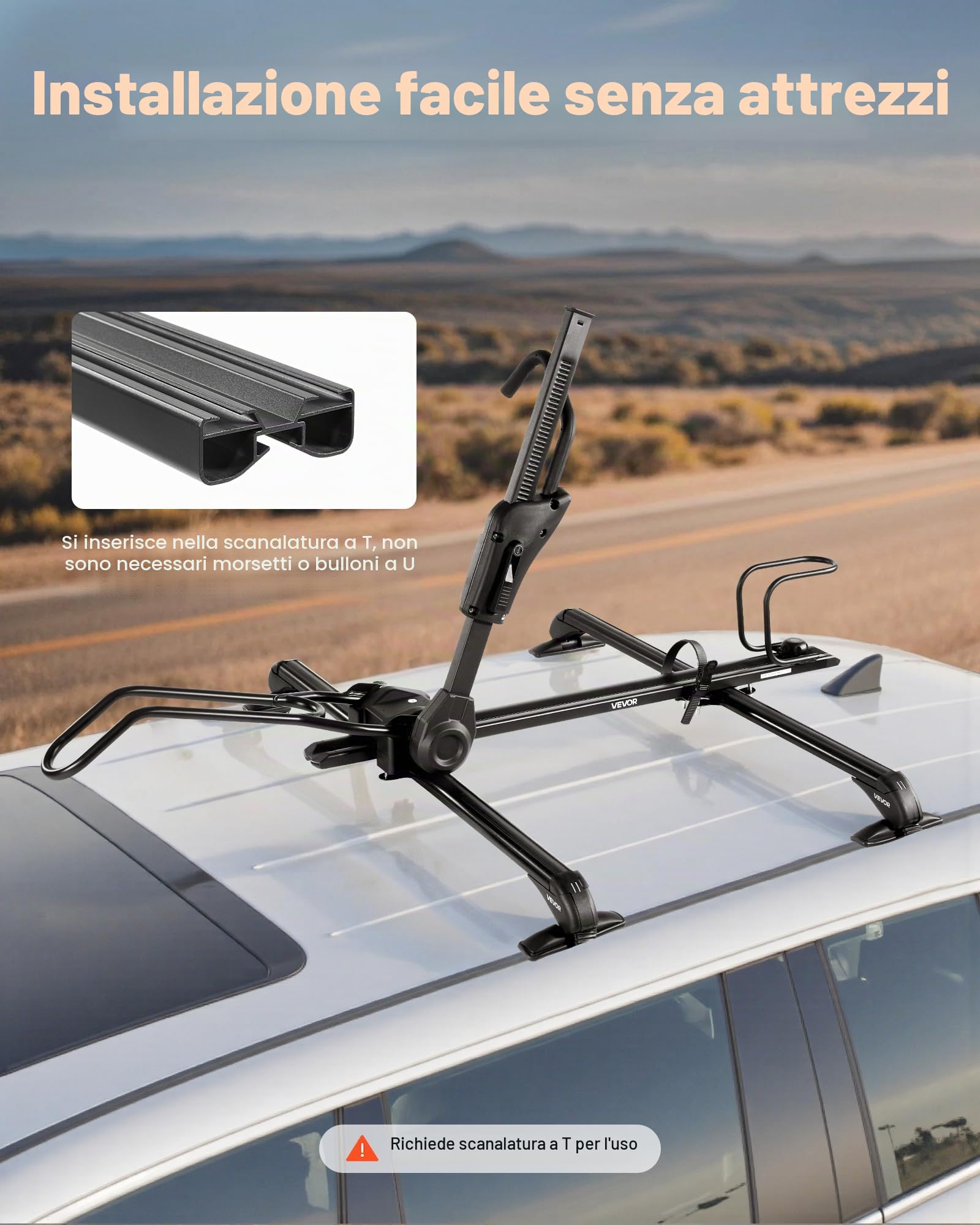 VEVOR Supporto Portabiciclette da Tetto Pieghevole Carico 15 kg, Portabici da Tetto con Sistema di Bloccaggio per Barre Trasversali Ruote da 508-737 mm, Portabicicletta Verticale Auto