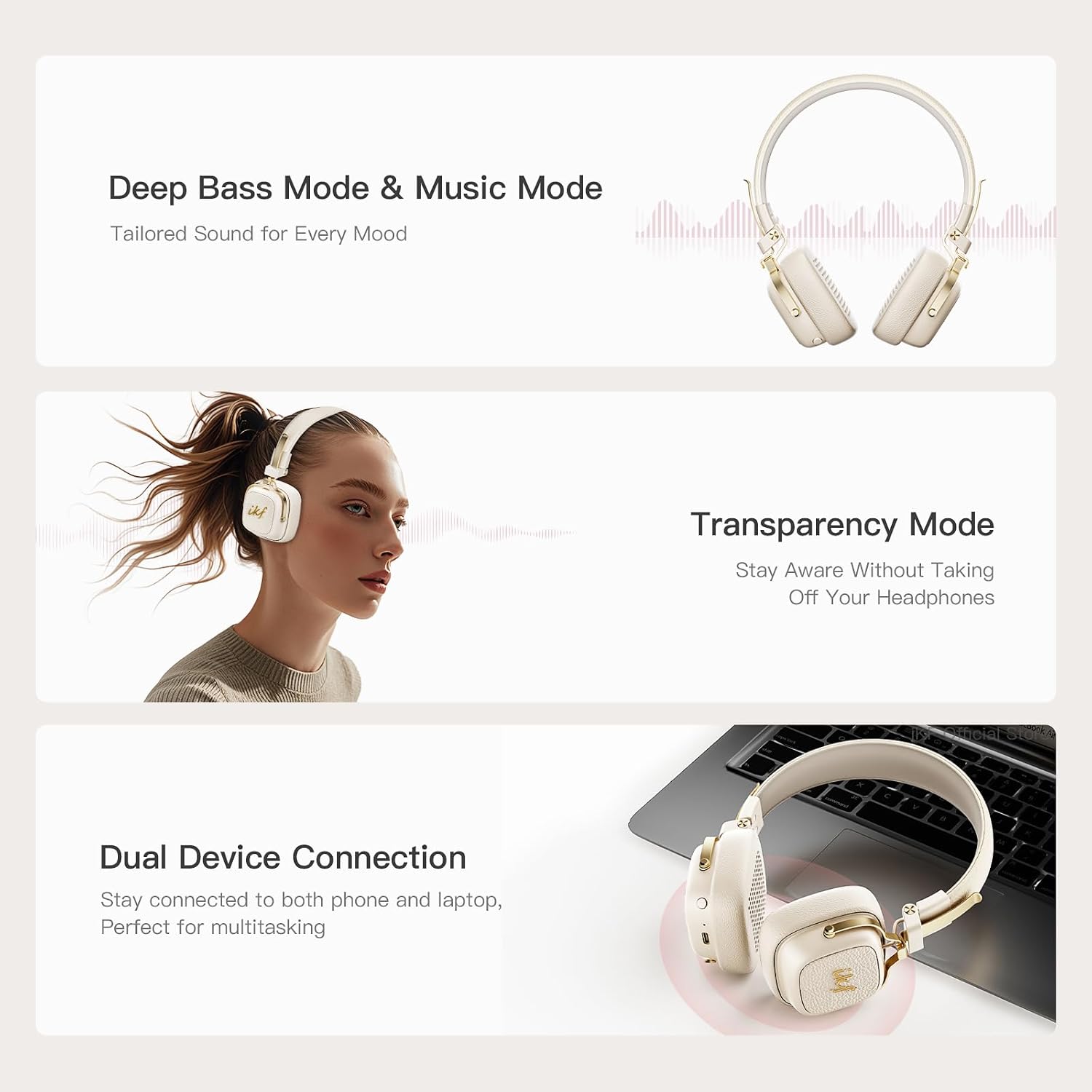 iKF E2 Bluetooth On-Ear Headphones, Wireless Foldable Headset with 90H Playtime, 40mm Drivers, Deep Bass, 3D Spatial Sound, Built-in Mic (Offwhite) - Image 7