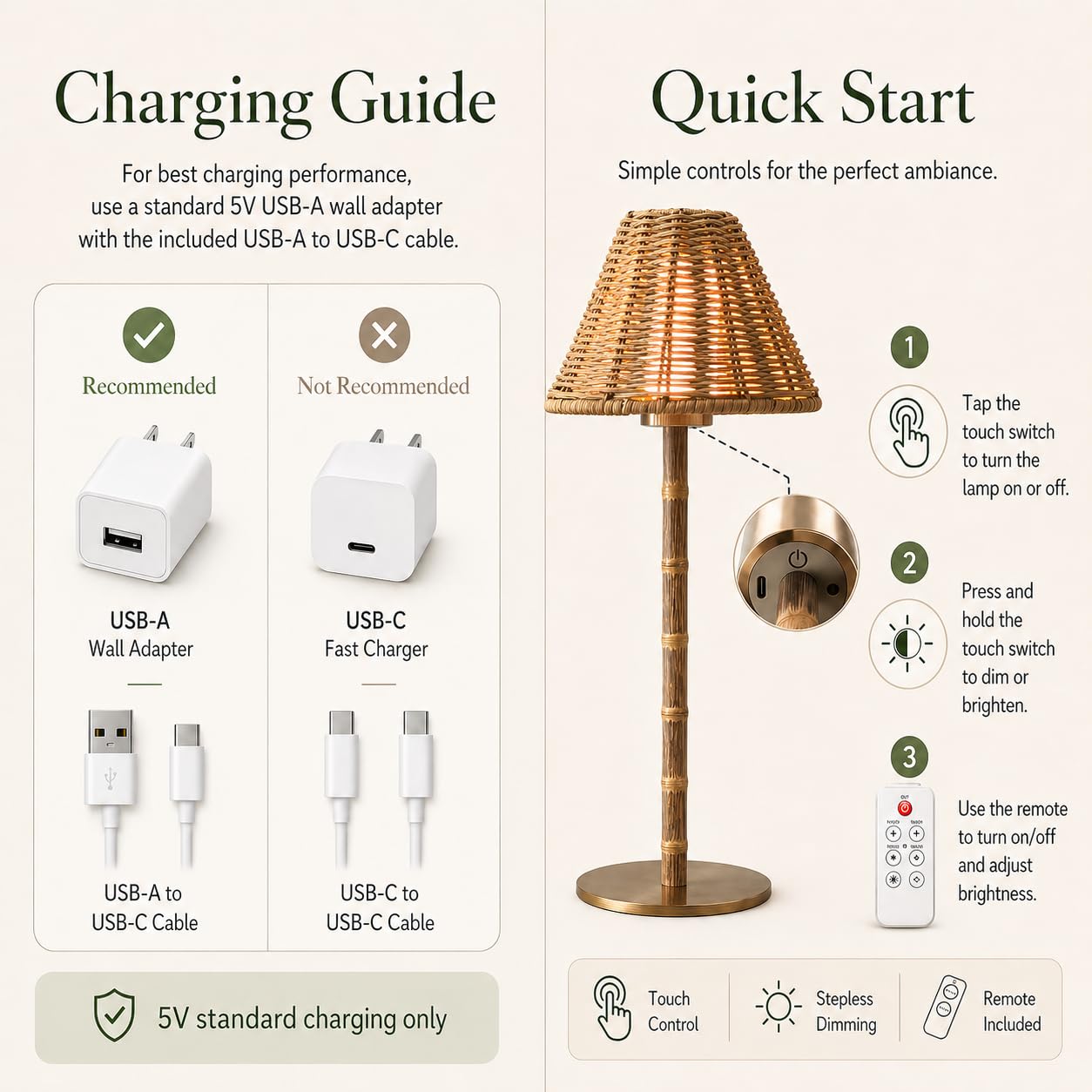 Bambus Kabellose LED Tischlampe - Wiederaufladbare 24-Stunden-Akku, Dimmbares Warmes Licht, Tragbare Kabellose Lampe mit Fernbedienung für Innen/Außen, Haus, Terrasse, Restaurant - (NATURAL RATTAN