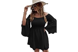Plus Size Cowgirl Outfit: Off-Shoulder Long Sleeve Shirred Ruffle A-Line Dress