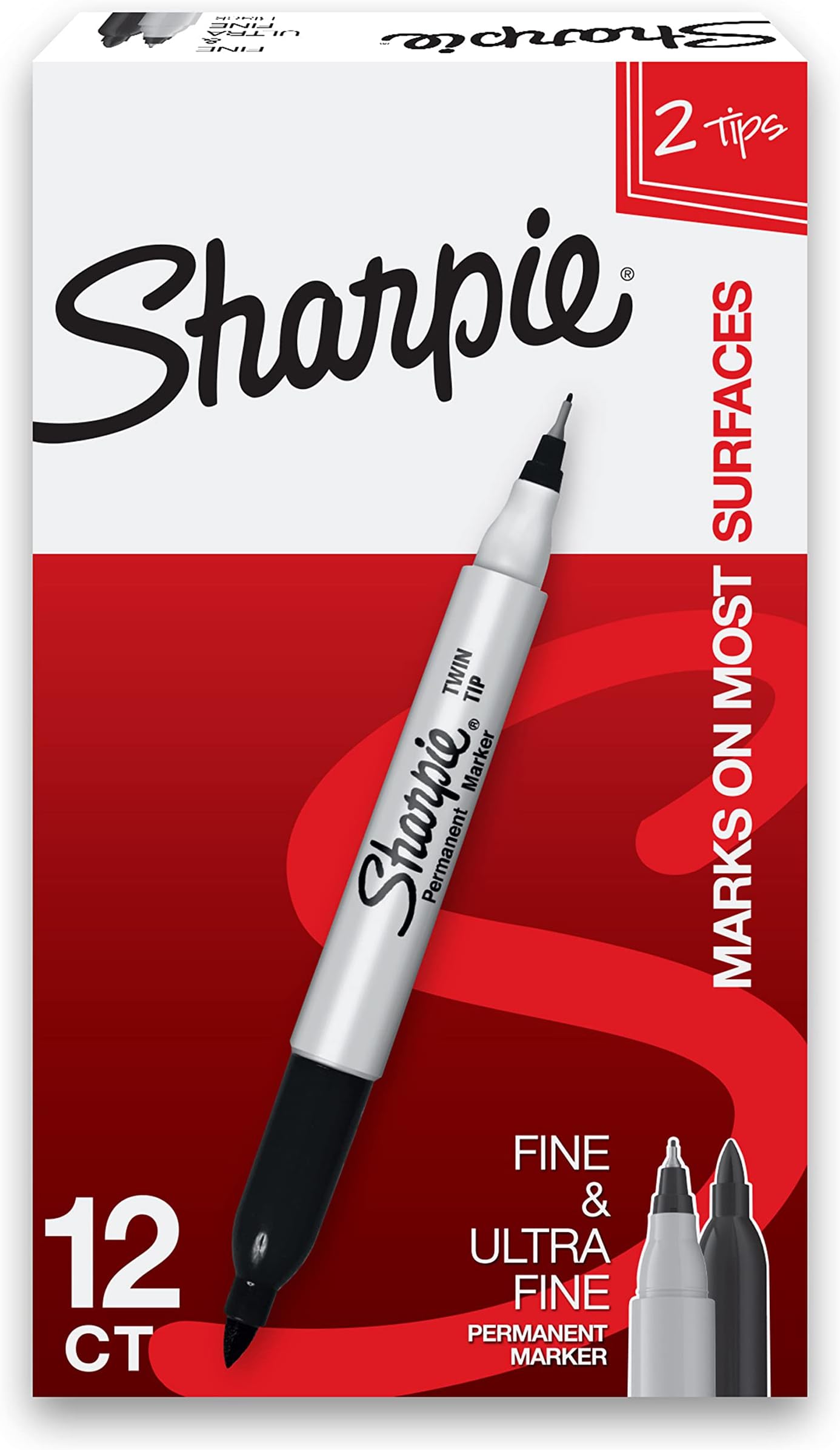 Twin Tip Permanent Markers, Fine and Ultra Fine, Black, 12 Count