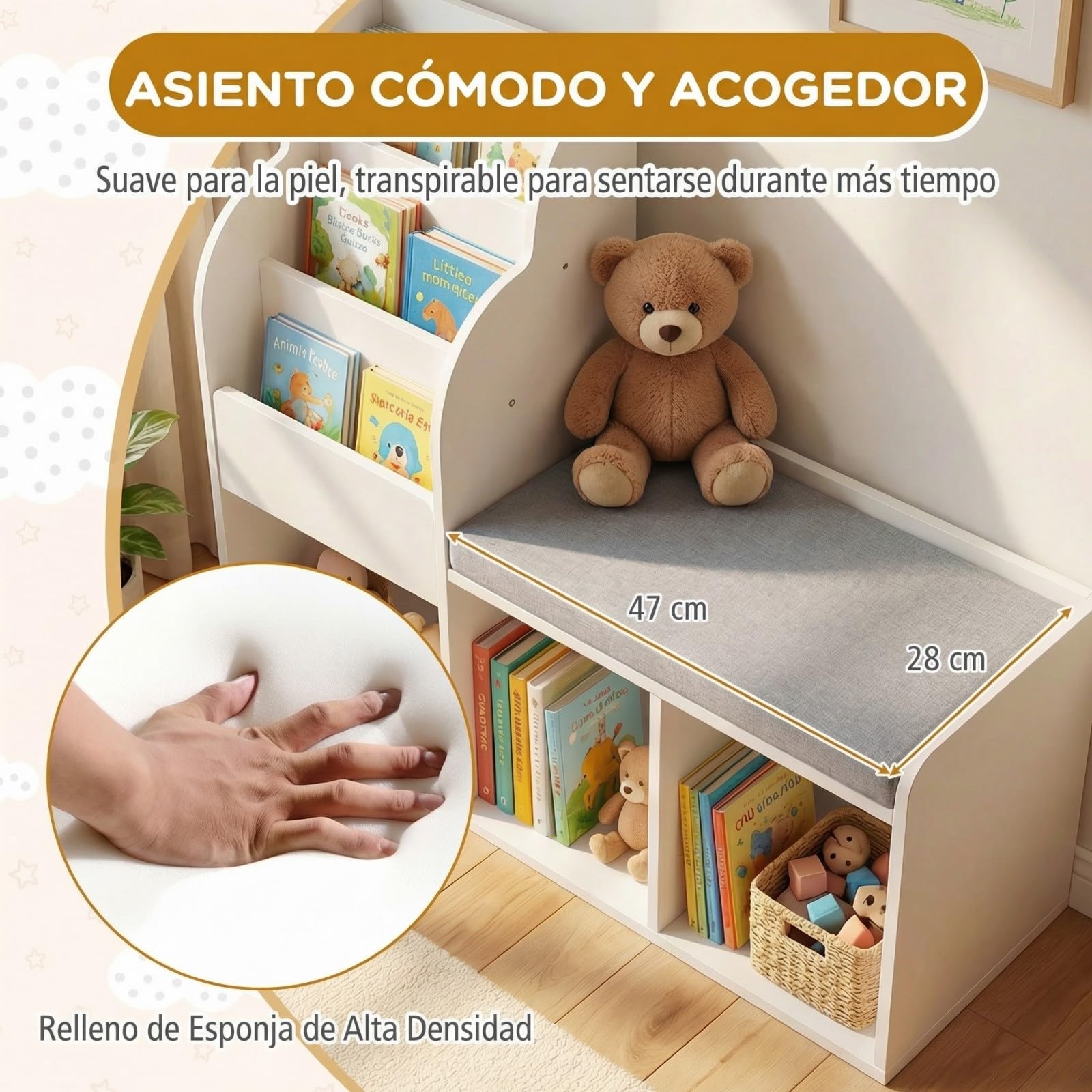 COSTWAY Estantería Infantil con Banco, Librería Infantil con Estantes de 3 Niveles, 3 Compartimentos Abiertos y Cojín de Asiento, Estantería para Niños para Dormitorio, Sala de Juegos