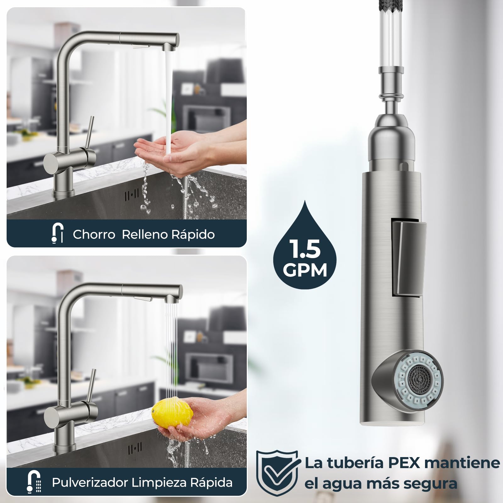FORIOUS Grifo Cocina, Grifos Cocina Extraible con Giro 360°, Torneira Cozinha Monomand Giratorios de 360° y Rociador de Doble Función, Acero Inoxidable