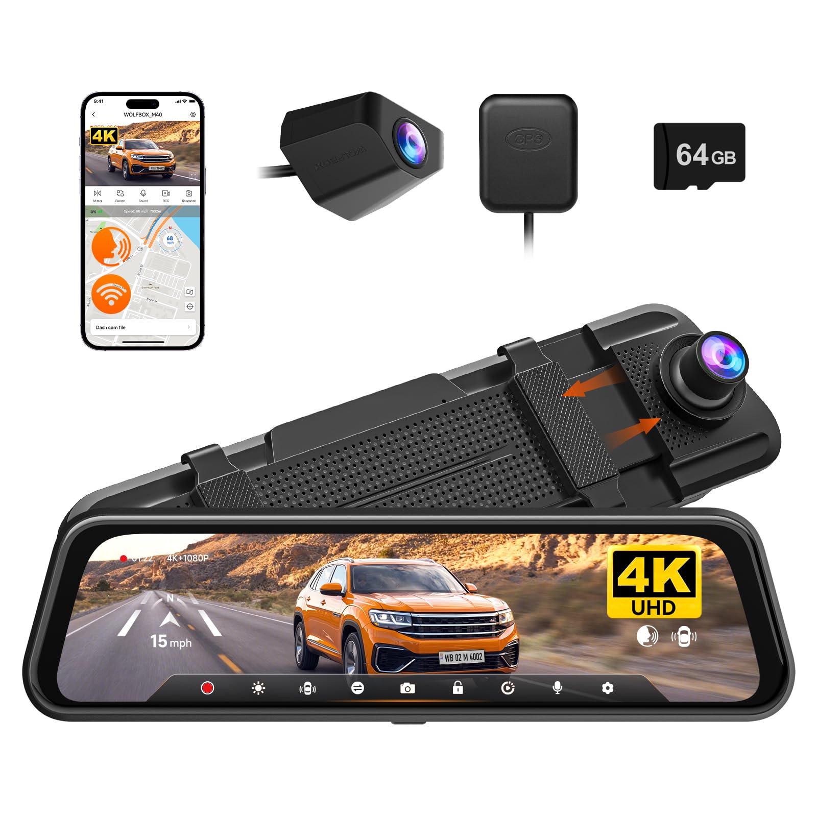 WOLFBOX M40 4K Rear View Mirror Dash Cam for Car, Front 4K + Rear 1080P, 10” Touch Screen, ADAS & GPS, Voice Control, 2.4GHz WiFi, 64GB Card Included-image-4
