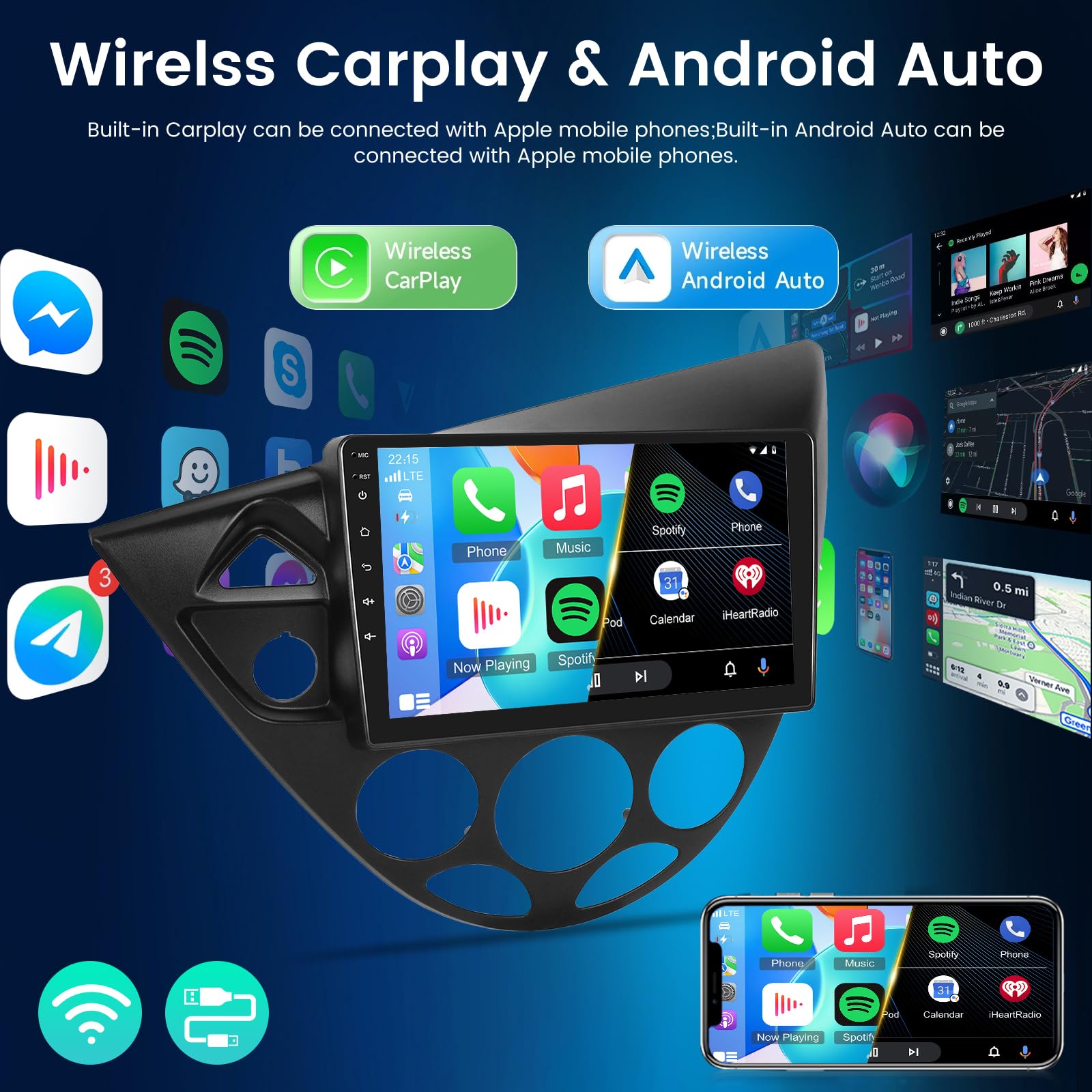 NHOPEEW 4+64G Radio de Coche para Ford Focus 1998-2004 - Radio Android de 9 Pulgadas con Inalámbrico Carplay y Android Auto - Mirror Link 32EQ DSP Pantalla Dividida + Cámara de Reversa & Micrófono