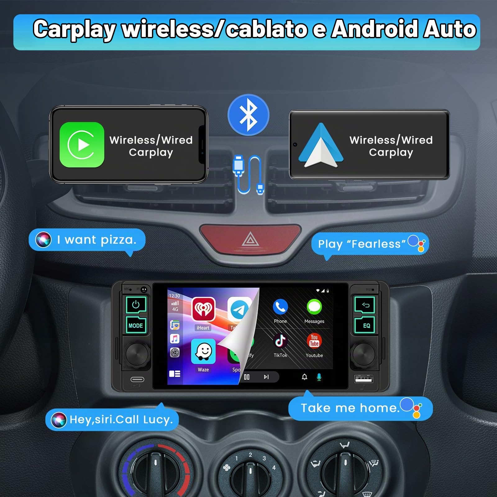 Inefala Autoradio 1 DIN con Wireless CarPlay Android Auto Mirror Link, 5.1 Pollici Touchscreen Stereo Auto Bluetooth 1 Din con Radio FM EQ SWC USB & Type-C SWC MIC Retrocamera