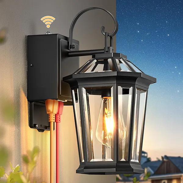 Black Dusk to Dawn Outdoor Light with GFCI Outlet, Modern Porch Lights Outdoor with Tempered Glass, Waterproof Anti-Rust Exterior Lighting Fixtures, Outside Wall Lights for Front Door,Garage,Backyard