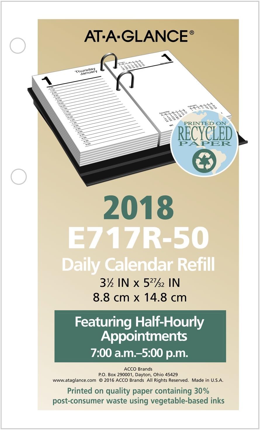 AT-A-GLANCE Daily Desk Calendar Refill, January 2018 - December 2018, 3-1/2" x 6", Recycled, Loose Leaf (E717R50)