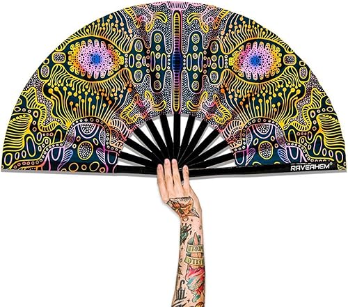 Abanico para rave con brillo ultravioleta, abanico de mano plegable de bambú para hombres y mujeres (psicodélico espacial, mediano de 11 pulgadas)