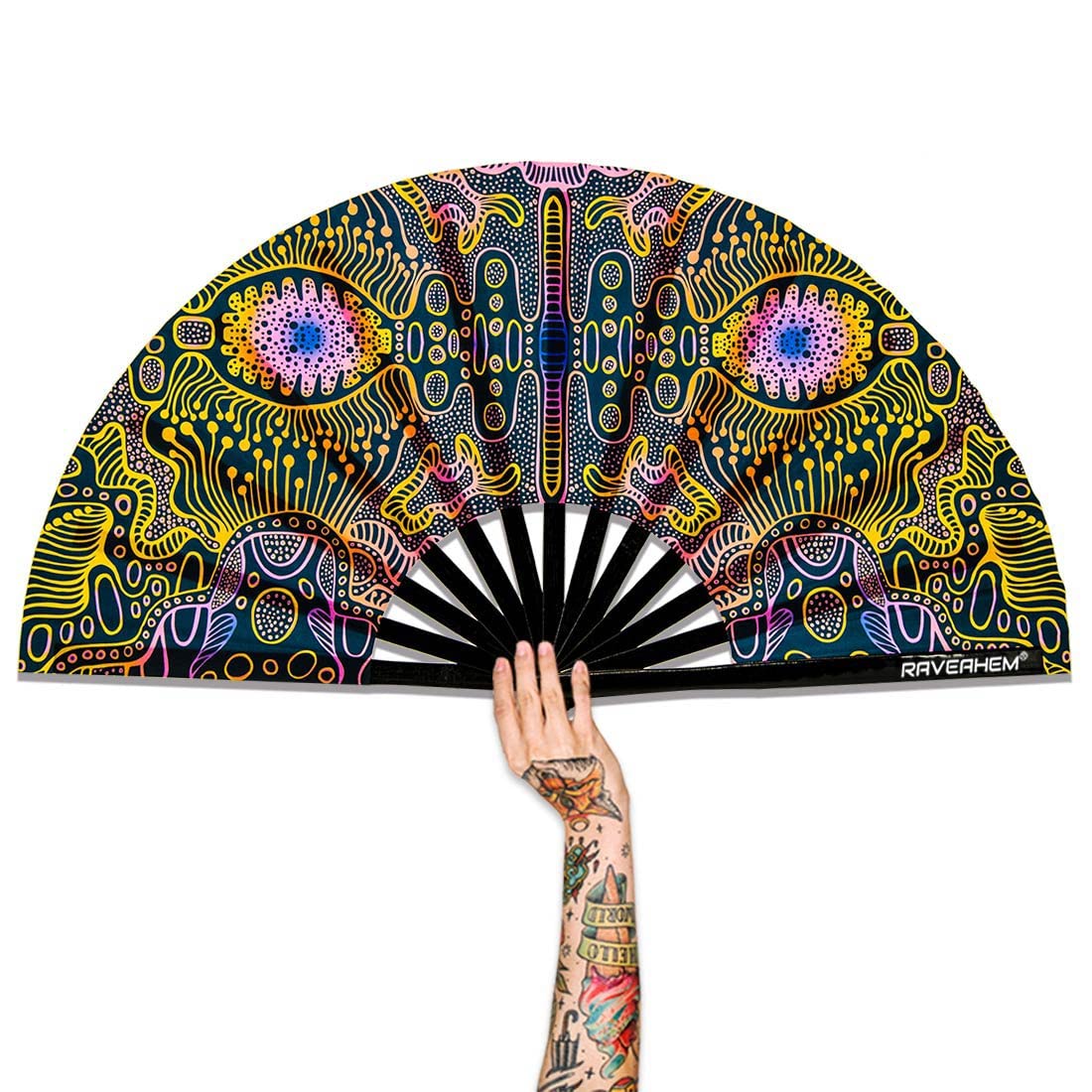 UV Glow Rave Fan, Bamboo Folding Clack Hand Fan for Men Women (Space Psychedelic, Large 13")