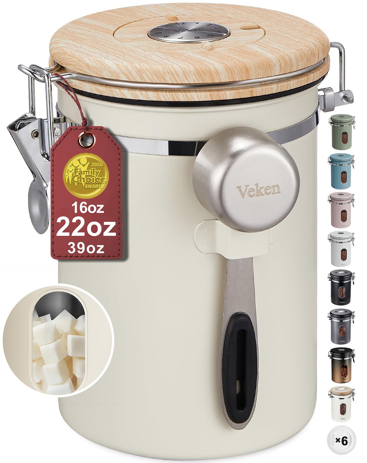 veken coffee sugar canister with window, easter gifts airtight stainless steel container with lids, home kitchen food storage jars for grounds, beans, tea, flour, cereal, basket, scoop, 22oz, cream