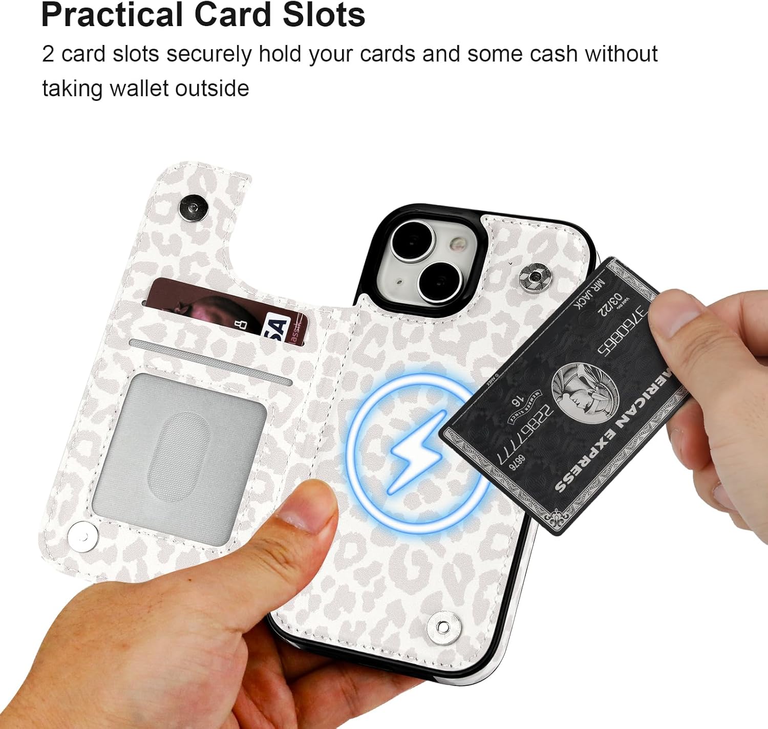 HAOPINSH for iPhone 15 Case Wallet Compatible with MagSafe Wireless Charging, White Leopard Pattern Back Flip Folio RFID Blocking Leather Kickstand Card Slots Case Double Magnetic Clasp Cover 6.1"