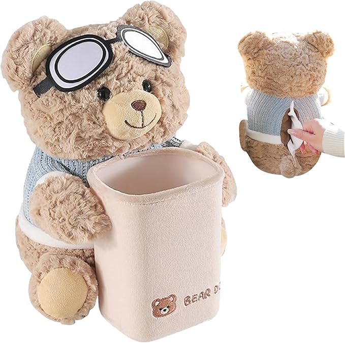 Taschentuchbox für Auto, Fahrzeugarmlehne, Plüschdose – 2-in-1 auslaufsicherer Plüschbär-Tücherhalter und Mülleimer für Fahrzeug, Zuhause, Reisen