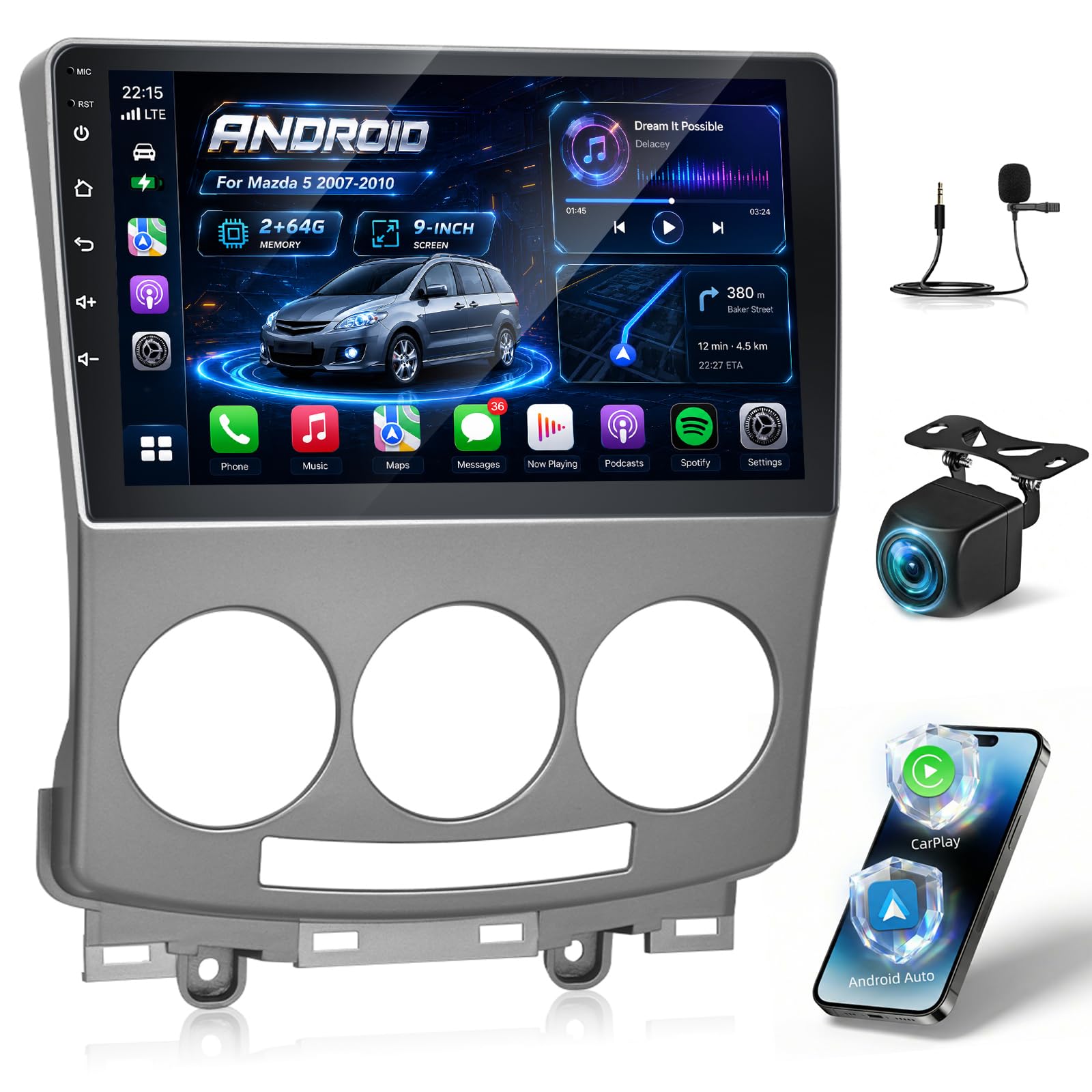 Autoradio 2+64G per Mazda 5 2005-2010 - Carplay senza fili e Android Auto - Stereo Android 13 da 9 pollici con WiFi EQ GPS Mirror Link FM RDS + Telecamera posteriore AHD e microfono