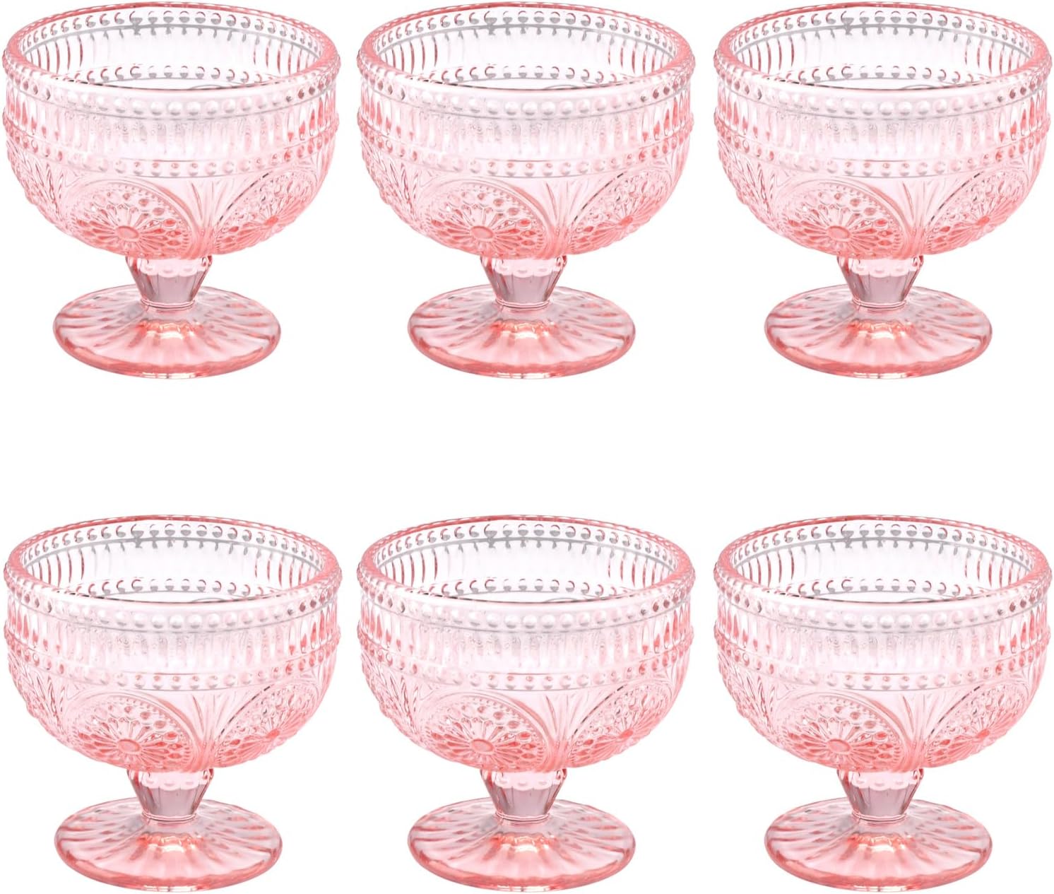 Vintage Glass Dessert Bowls Set of 6-11.5 oz Pink Embossed Glass Ice Cream Bowls for Salad, Candy Cake, Fruit,Trifle,Cocktail
