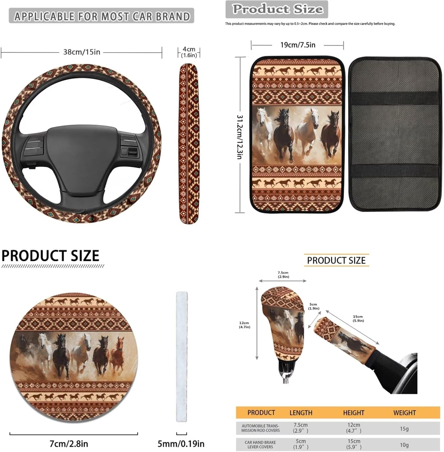 Lotusorchid Aztec Horse Print Car Seat Cover Full Set Universal Fit Automotive Rear Front Seat Protector Vehicle Seat Belt Pad Steering Wheel Cover for Vehicle SUV Sedan, Decorative Car Accessories