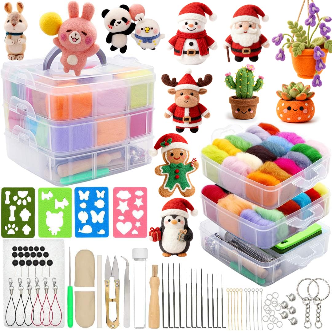 West Bay Needle Felting Kit 109 Pieces Set, Wool Roving 36 Colors with Complete Felt Tools and Storage Box Needle Felting Starter Kit for DIY Craft Animal Home Decoration Birthday Gift