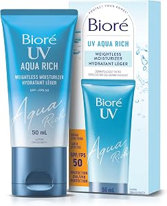 Bioré UV Aqua Rich Weightless Moisturizer with SPF 50 | Dermatologist Tested Face Cream with Invisible UV Protection | 50mL | Made in Canada