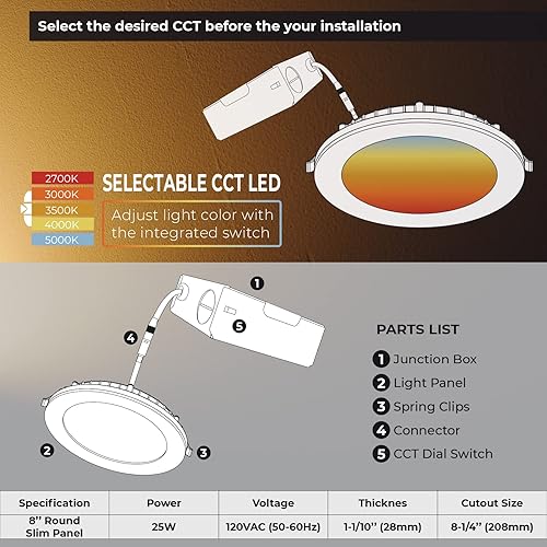 Miniatura 5 de Luz LED de techo redonda empotrable de 8" 25W regulable. 5CCT (2700K3000K3500K4000K5000K seleccionable) 2125 lúmenes, caja de conexiones incluida