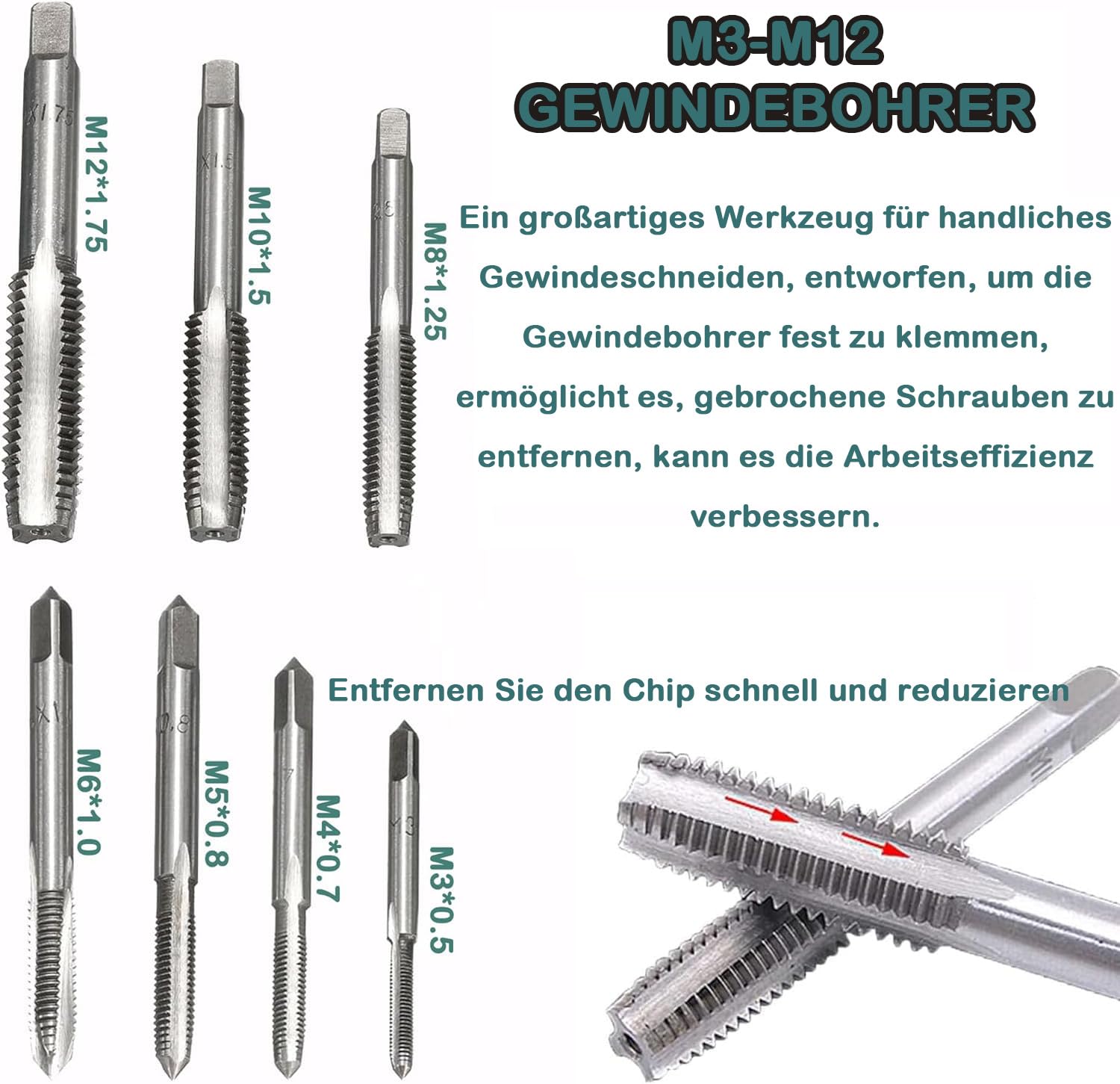 32-teiliges Gewindeschneider Set,Gewindebohrer Werkzeug Set,Gewindeschneid Satz,Metrisch M3-M12 Profi Gewindeschneidsatz zum Schneiden von Innen- und Außengewinden