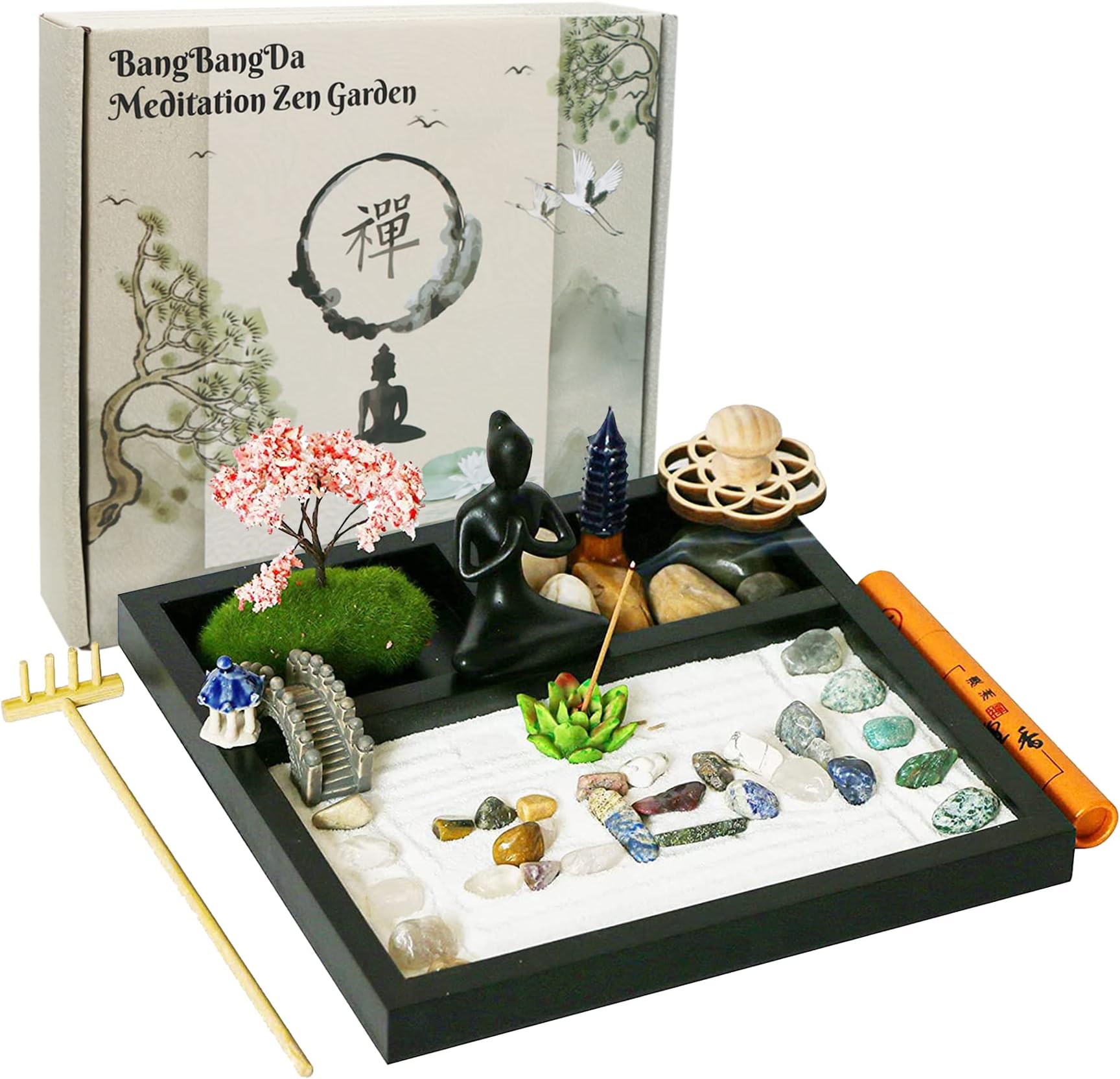 BangBangDa Desktop Meditation Yoga Zen Garden Kit Japanese Tabletop Rock Sand Chakra Shrine Altar Japanese Zen Decor Home Office Desk Zen Gifts for Women Man Birthday w/Rake Tool Accessories Bonsai
