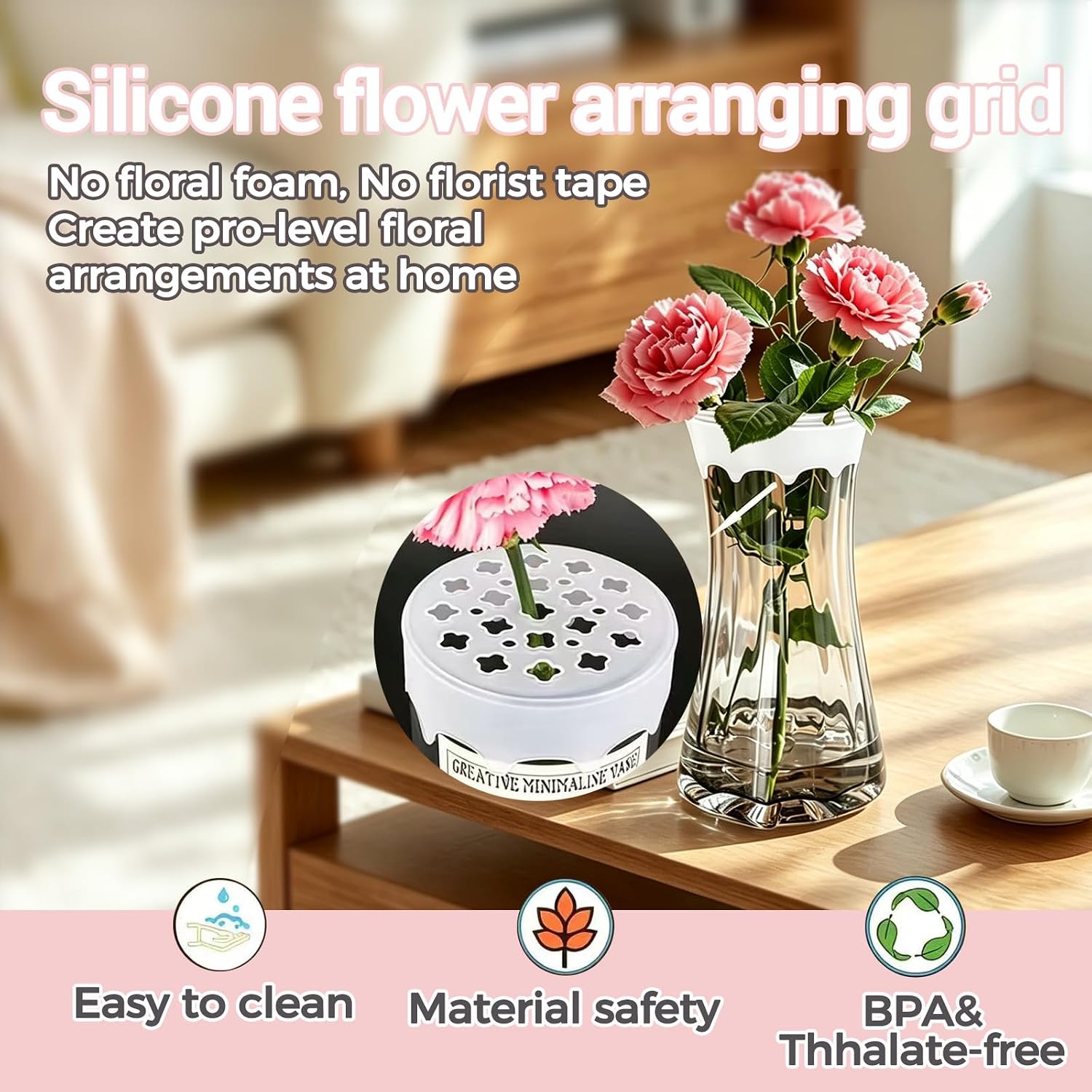 Silicone Flower Arranging Grid, Reusable Blossom Grid for 3" - 4" Vase