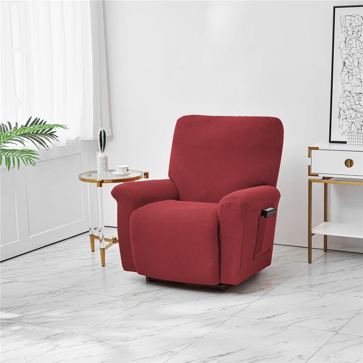 Housse De Fauteuil Relax Extensible FANSU Jacquard Rouge - Protection 4 Pièces