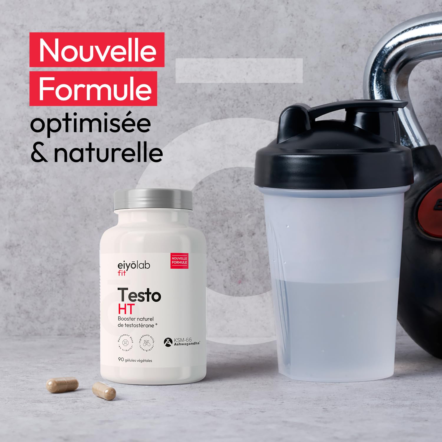 TESTO HT | Maca + Tribulus + Ashwagandha + Zinc | Dosage Élevé pour Efficacité Maximale | Stimulant Testostérone Naturel | Puissance et Endurance pour Hommes | 90 Gélules | Made in France | Eiyolab