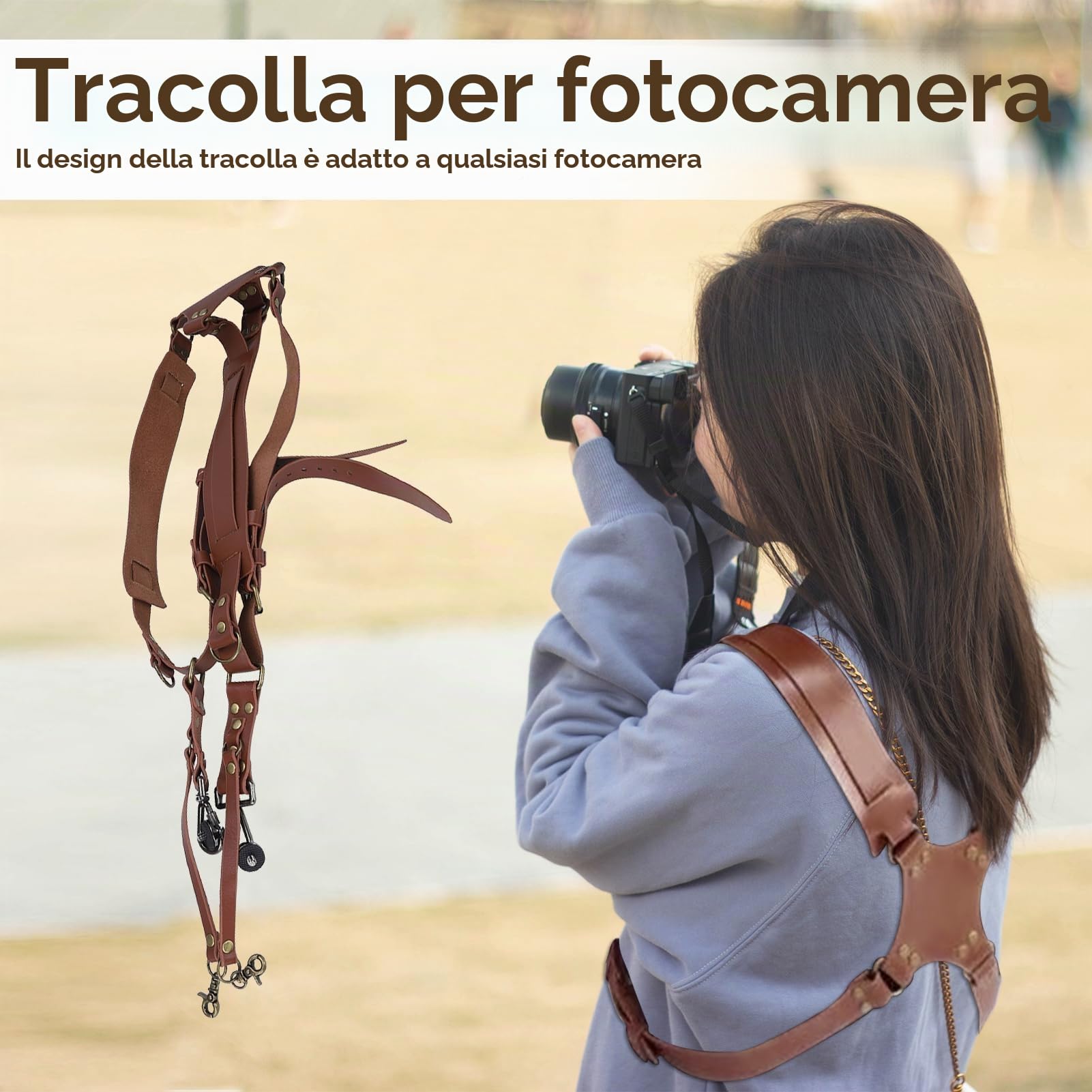 Tracolla Macchina Fotografica, Imbracatura Vintage Doppia Spalla per DSLR SLR, Imbracatura per Fotocamera Doppia in Pelle di Regolabile, Tracolla doppia fotocamera per fotografi di tutti i livelli
