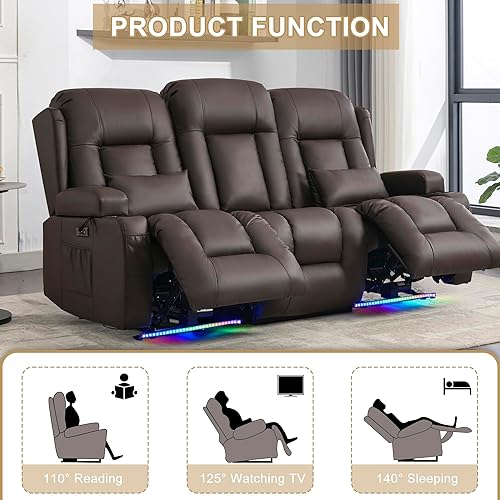 Miniatura 4 de URRED Sofá reclinable de dos plazas con masaje y calor, diseño de respaldo central abatible de 3 asientos, sofá reclinable eléctrico para